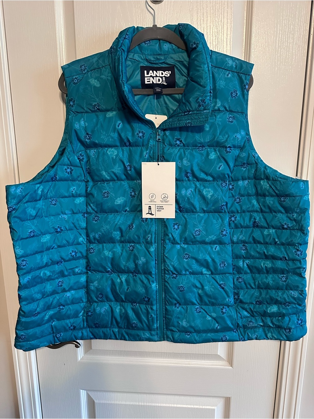 Lands' End Teal Floral Quilted Puffer Vest